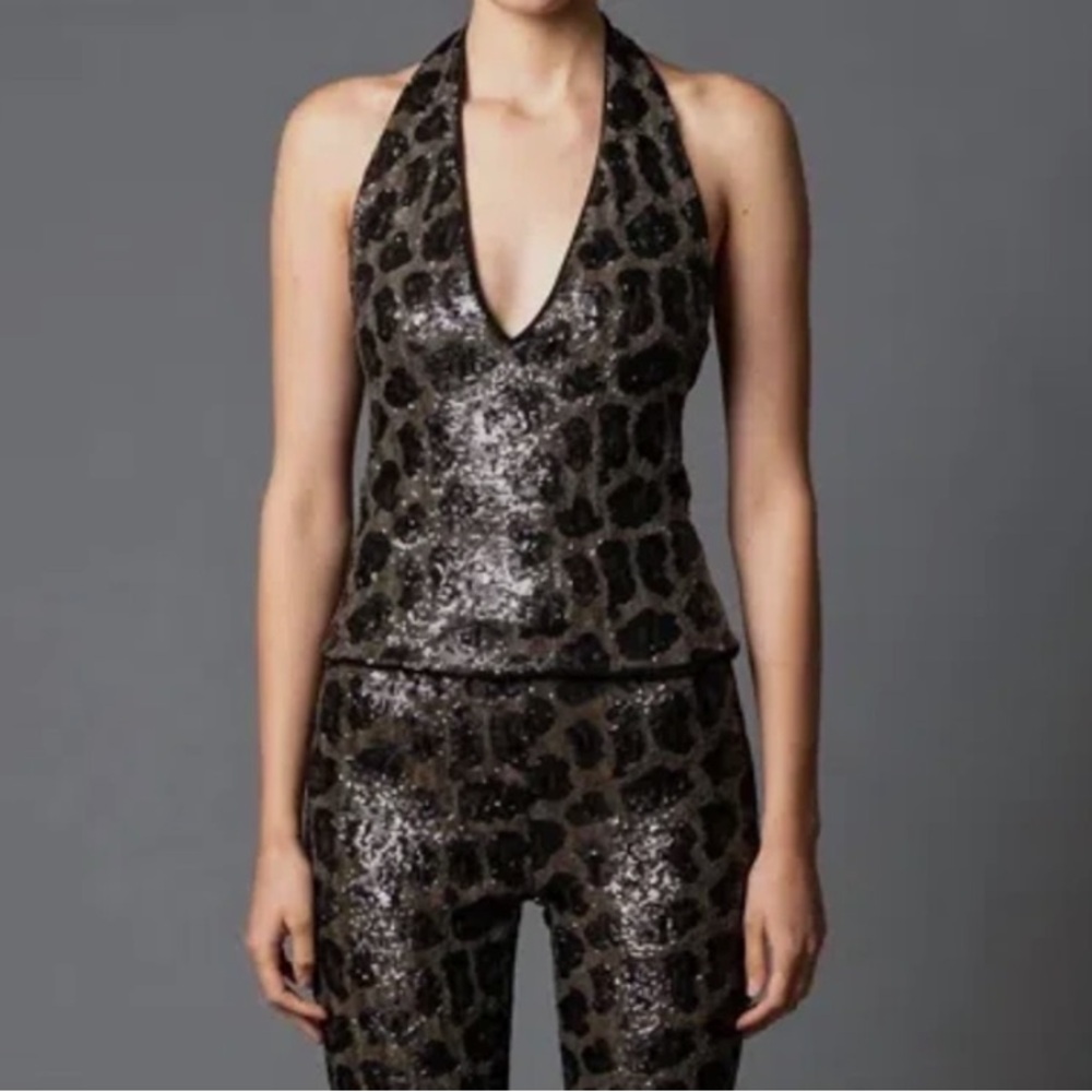 LE SUPERBE Jerry Sequin Cheetah Halter Top in Multi NWOT